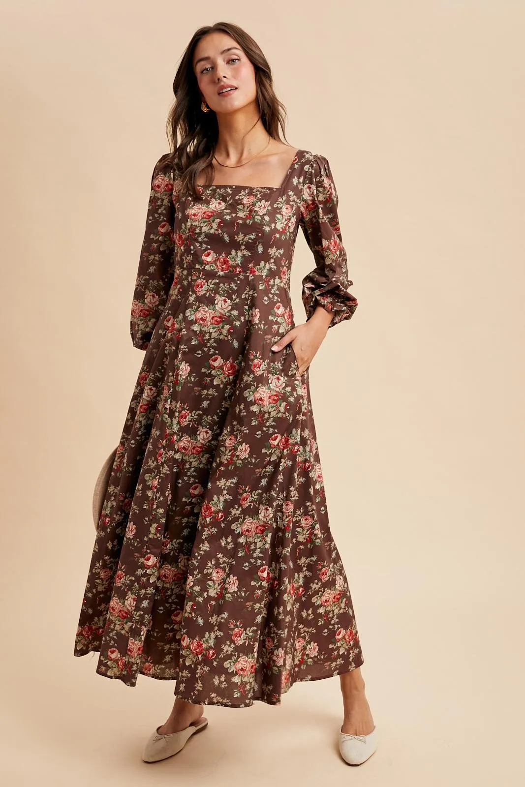 Brown Floral Square Neck Cotton Maternity Maxi Dress sold by Pinkblush product image thumbnail 3
