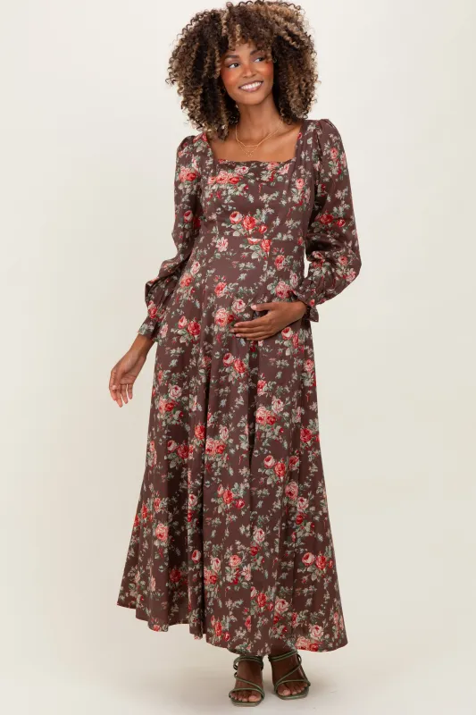Brown Floral Square Neck Cotton Maternity Maxi Dress sold by Pinkblush