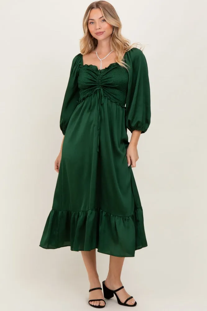 Green Satin Smocked Cinched Bust Midi Dress sold by Pinkblush