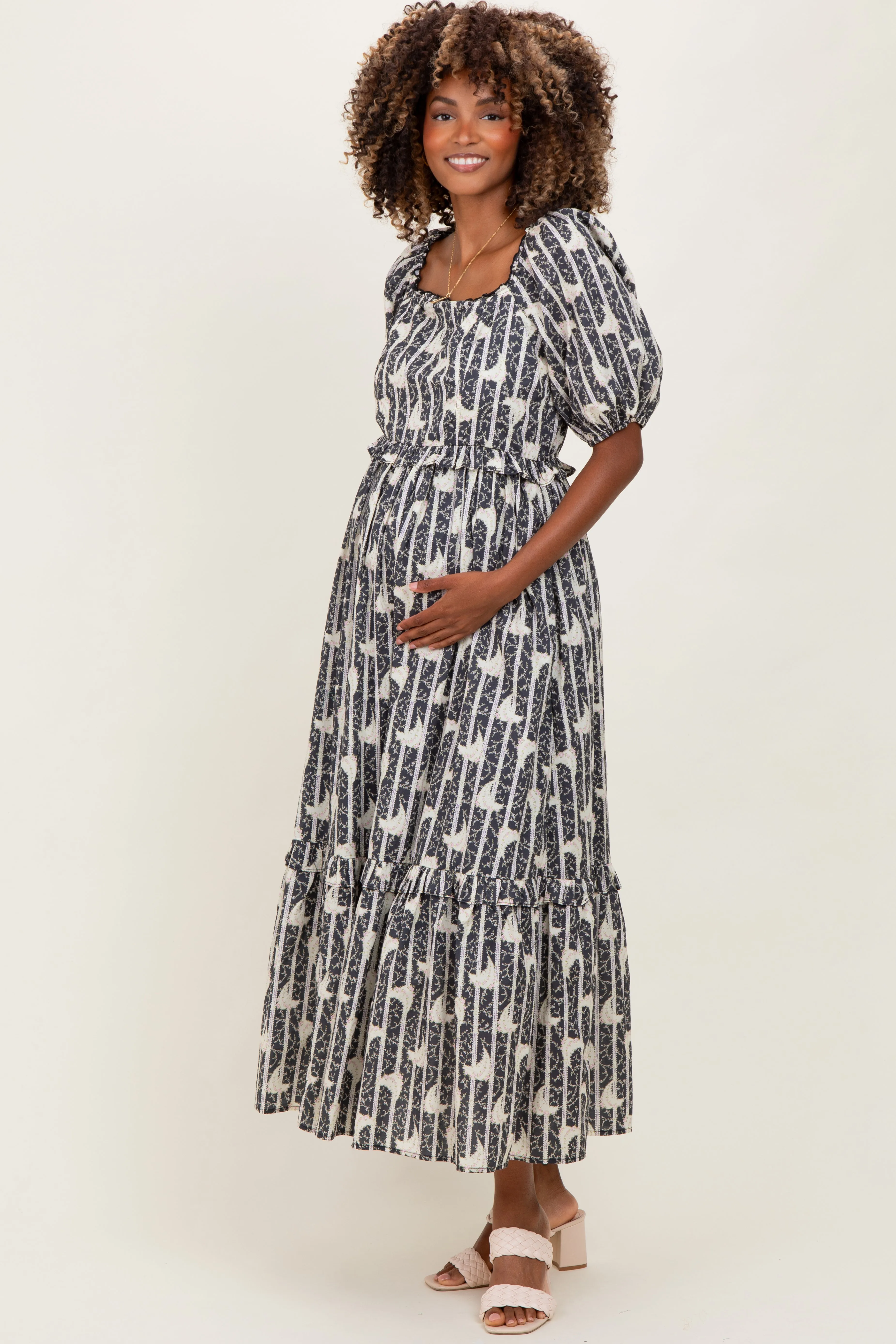 Navy Floral Stripe Ruffle Accent Maternity Midi Dress sold by Pinkblush product image thumbnail 2