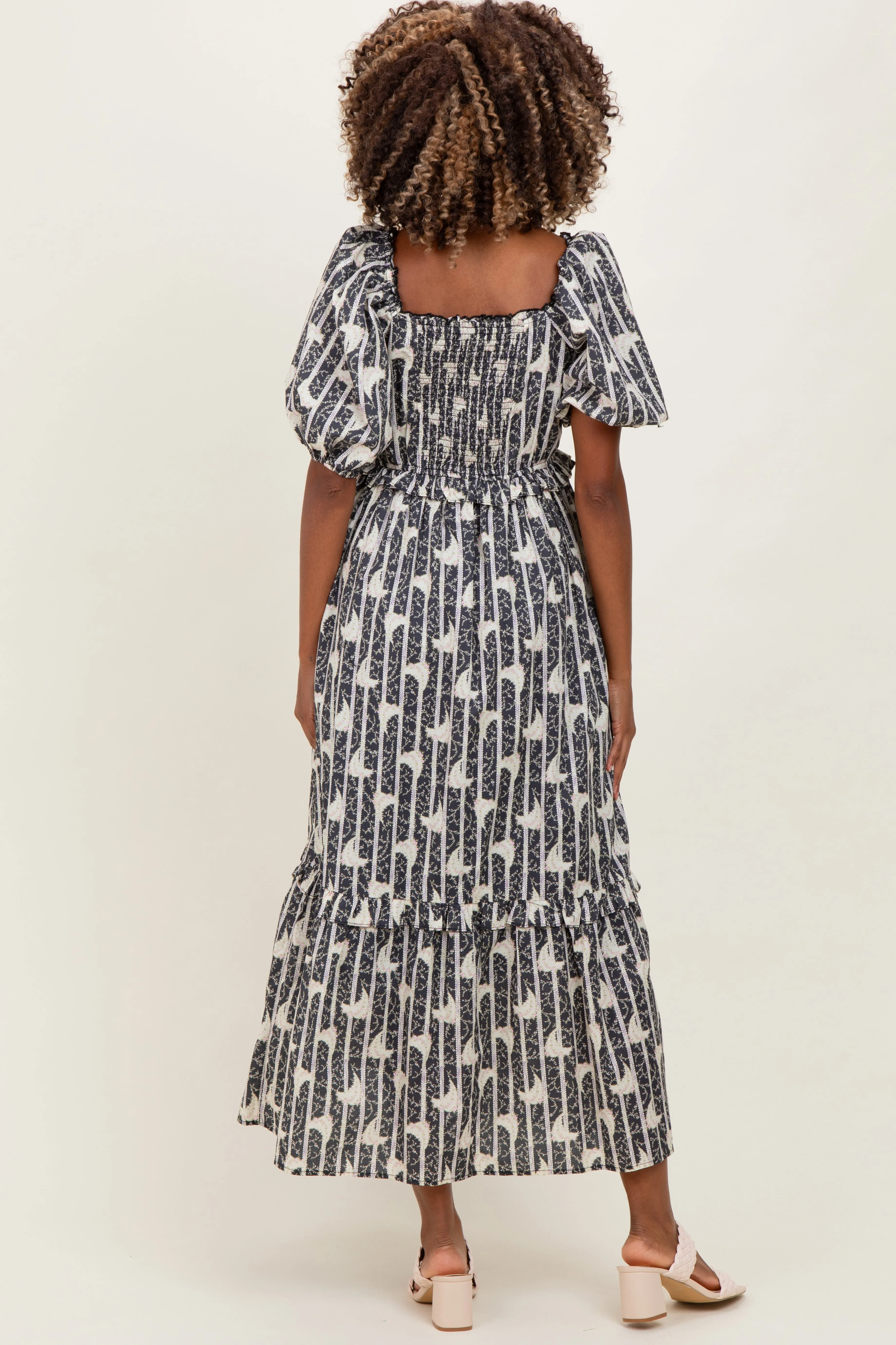 Navy Floral Stripe Ruffle Accent Maternity Midi Dress sold by Pinkblush product image thumbnail 3