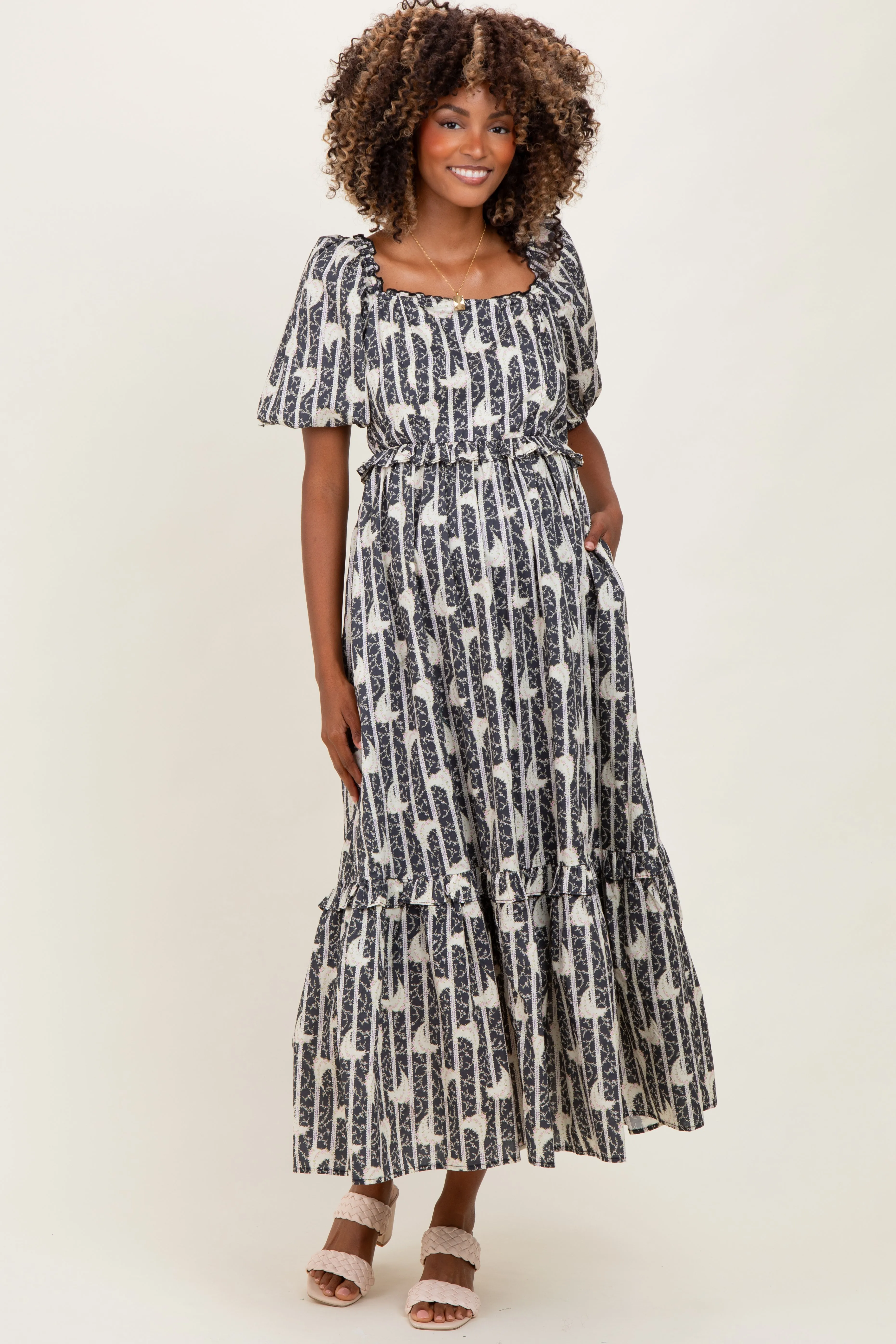 Navy Floral Stripe Ruffle Accent Maternity Midi Dress sold by Pinkblush