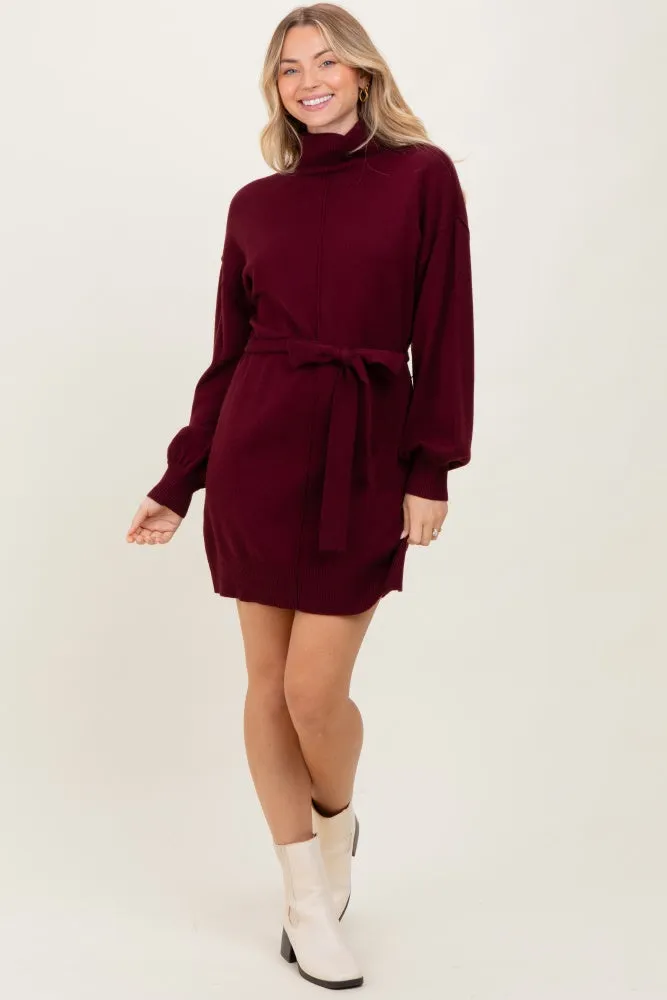 Burgundy Turtleneck Belted Mini Sweater Dress sold by Pinkblush product image thumbnail 2