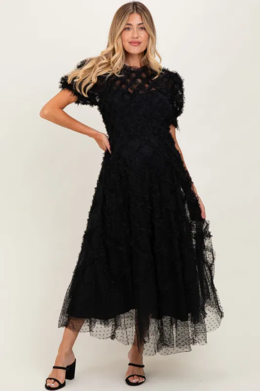 Black Ruffle Detail Swiss Dot Tulle Maternity Midi Dress sold by Pinkblush