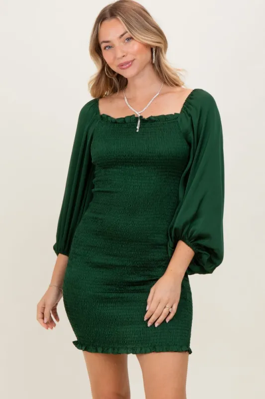 Green Satin Smocked Bubble Sleeve Mini Dress sold by Pinkblush