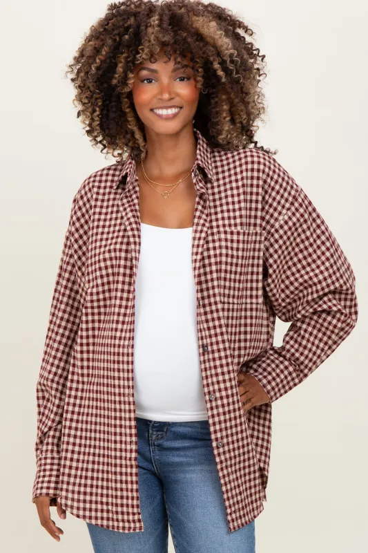 Burgundy Gingham Maternity Button Down Shirt sold by Pinkblush