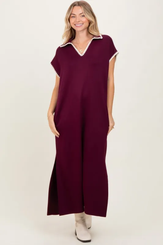 Burgundy Collared Stitch Detail Short Sleeve Midi Dress sold by Pinkblush