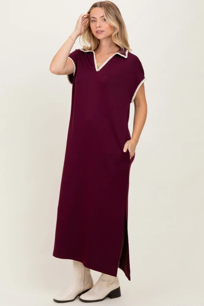 Burgundy Collared Stitch Detail Short Sleeve Midi Dress sold by Pinkblush product image thumbnail 2
