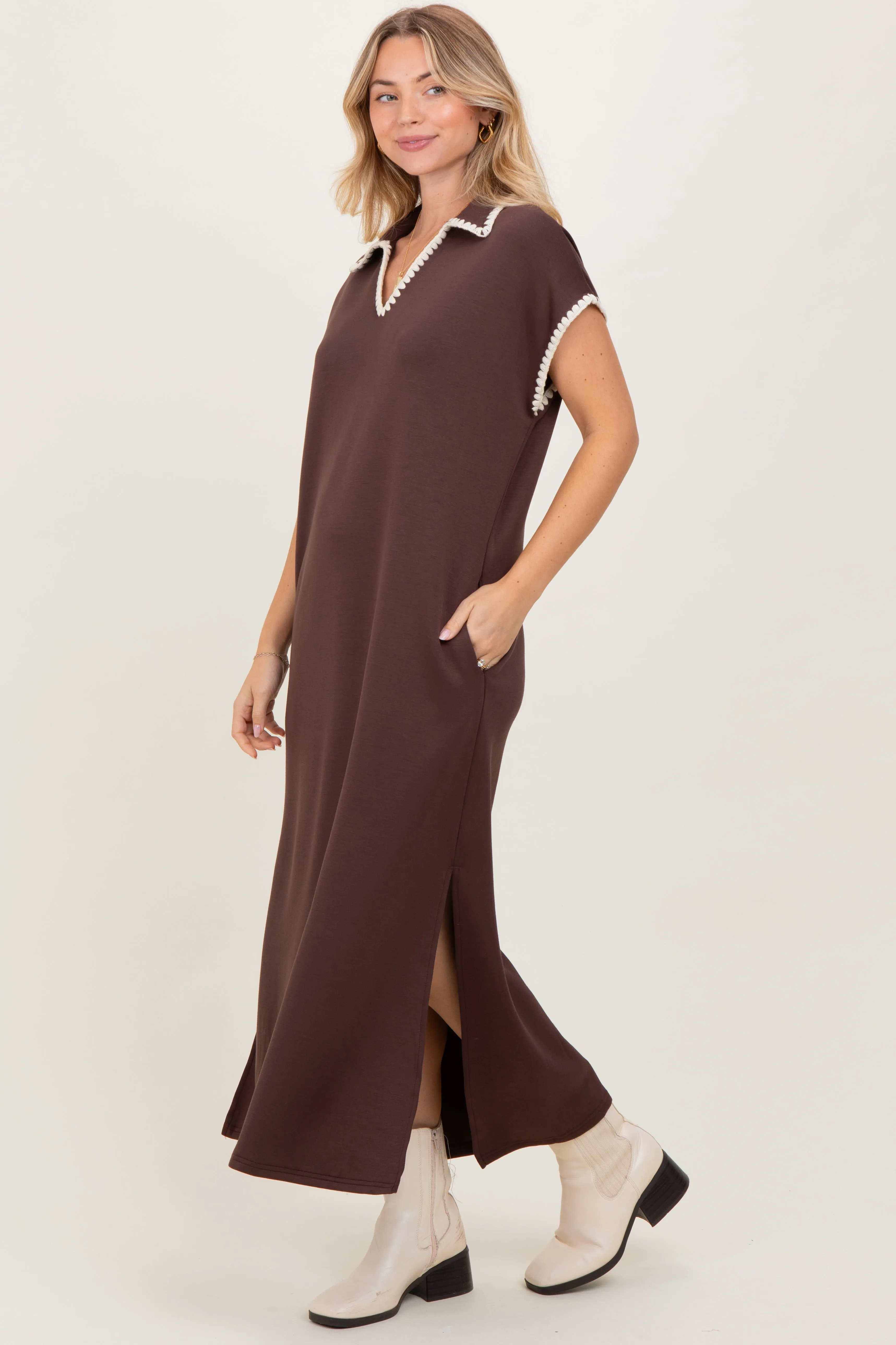 Brown Collared Stitch Detail Short Sleeve Midi Dress sold by Pinkblush product image thumbnail 3