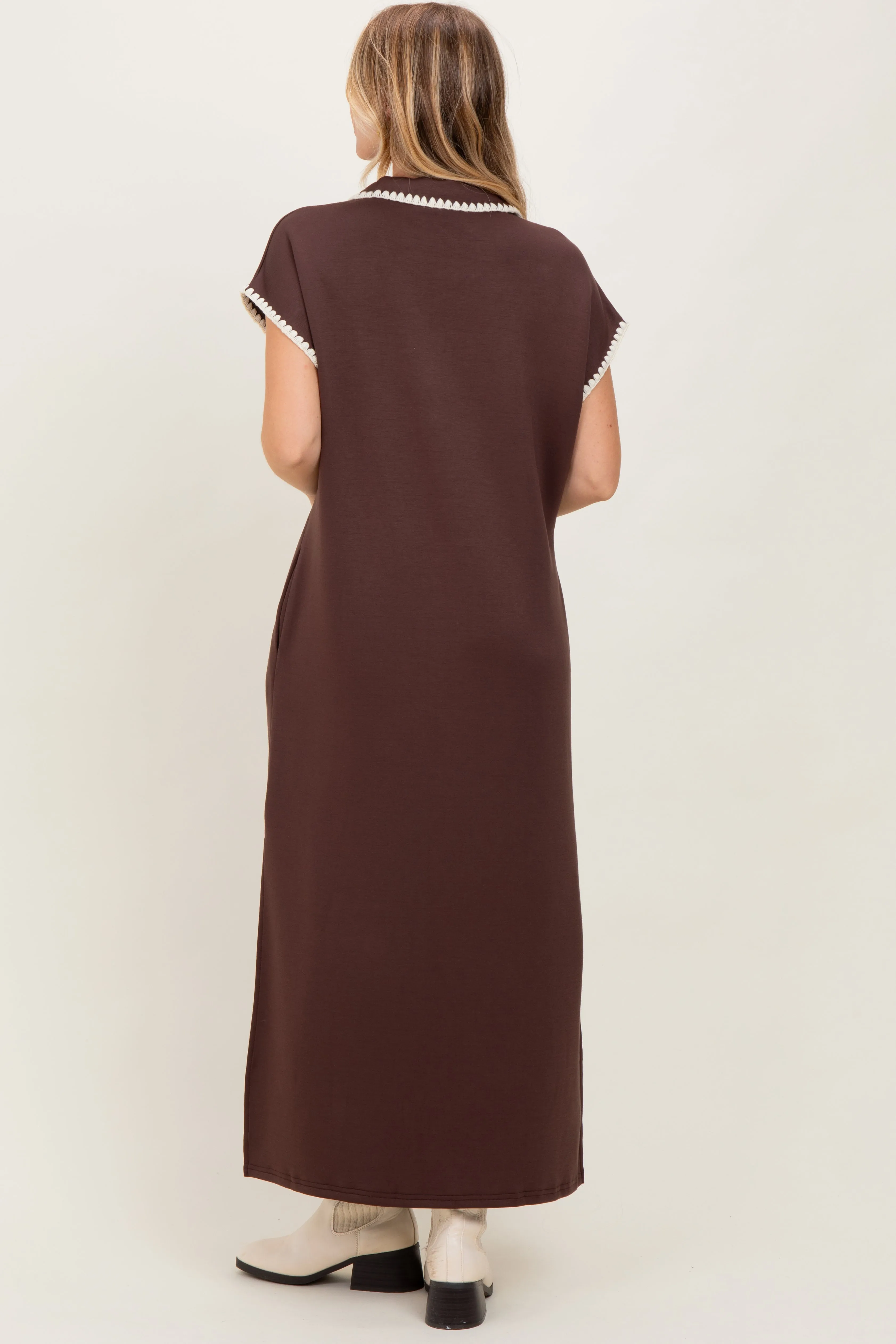 Brown Collared Stitch Detail Short Sleeve Midi Dress sold by Pinkblush product image thumbnail 4