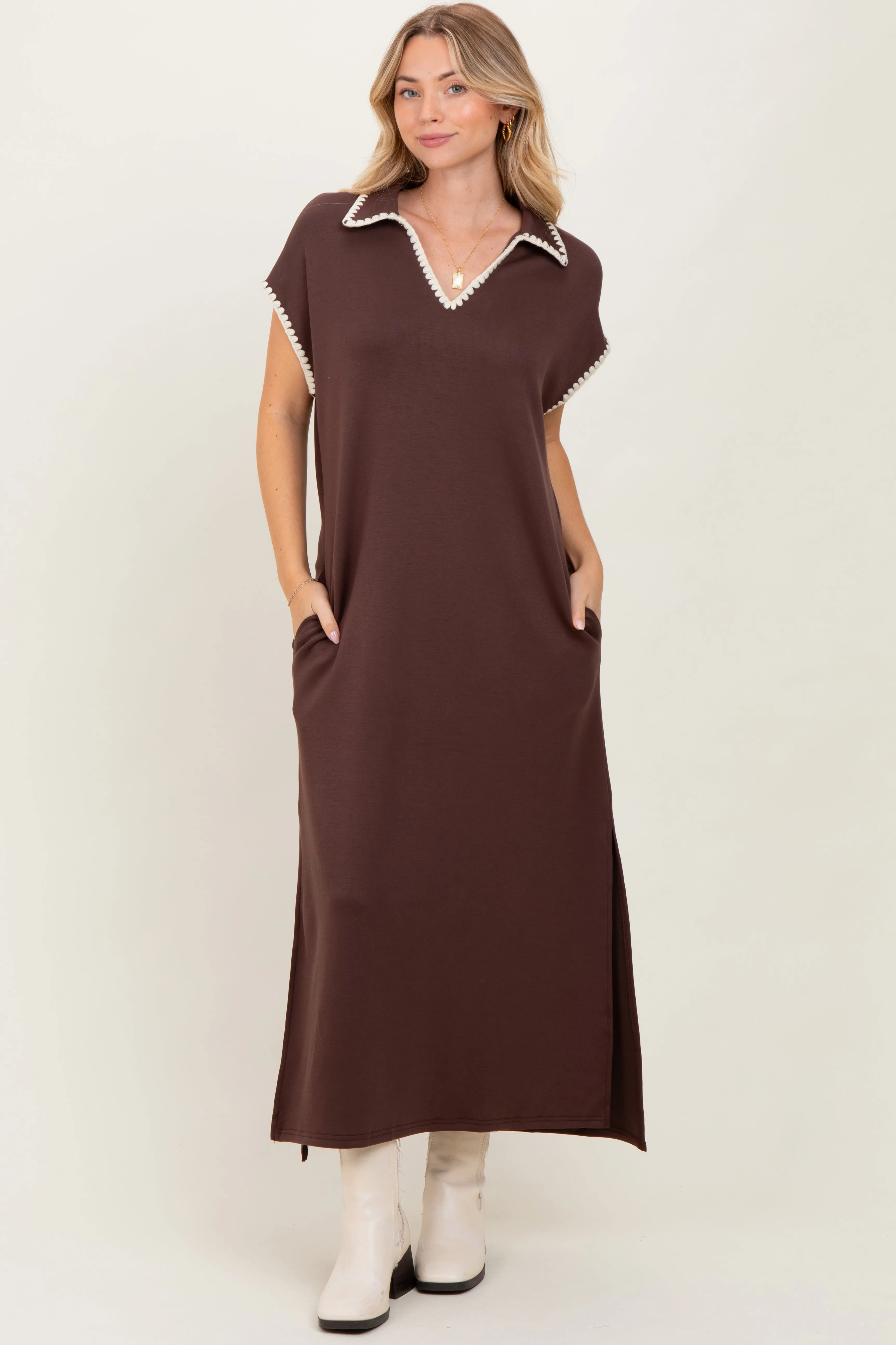 Brown Collared Stitch Detail Short Sleeve Midi Dress sold by Pinkblush