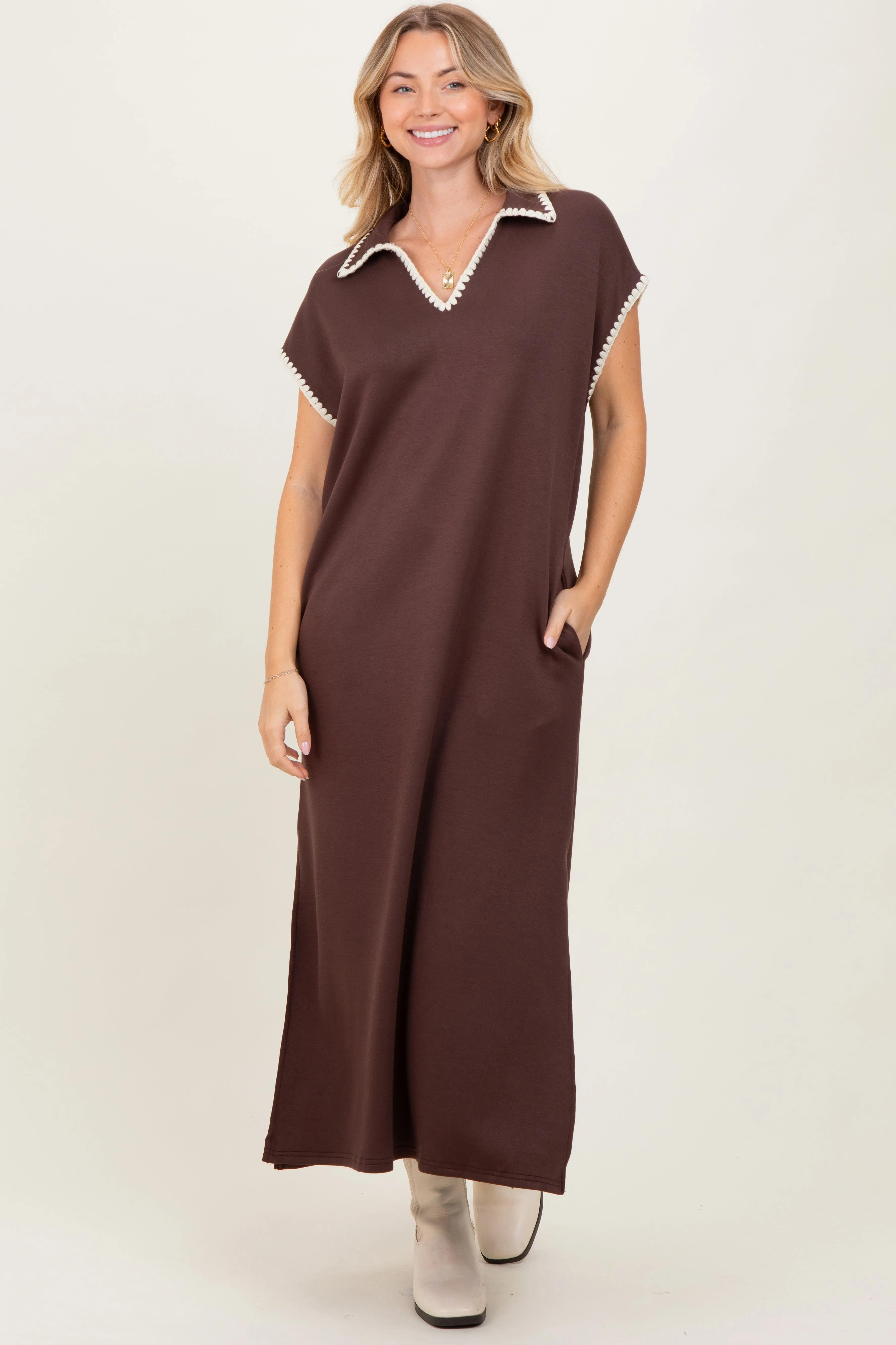 Brown Collared Stitch Detail Short Sleeve Midi Dress sold by Pinkblush product image thumbnail 2