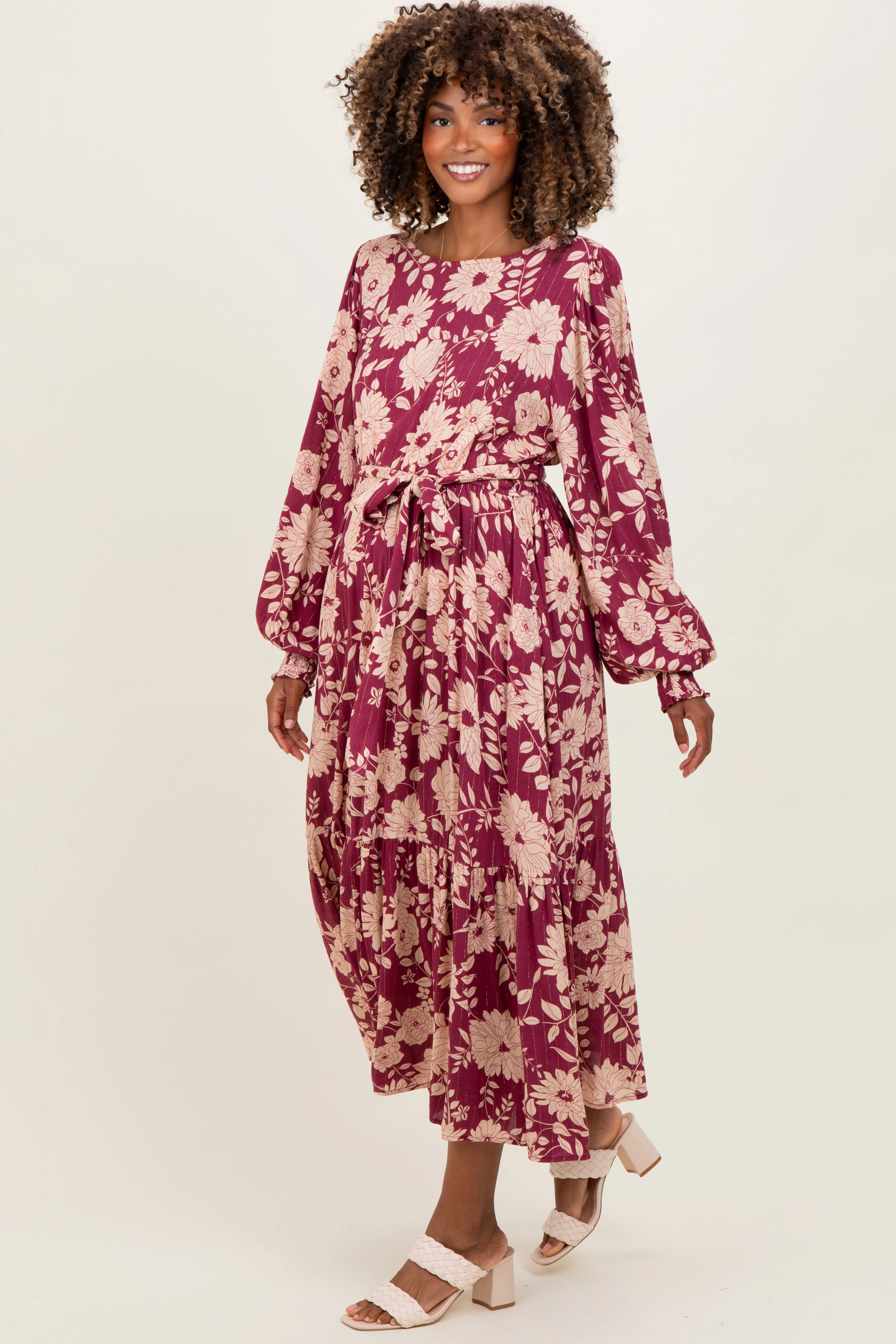 Burgundy Floral Striped Long Sleeve Maternity Midi Dress sold by Pinkblush product image thumbnail 3