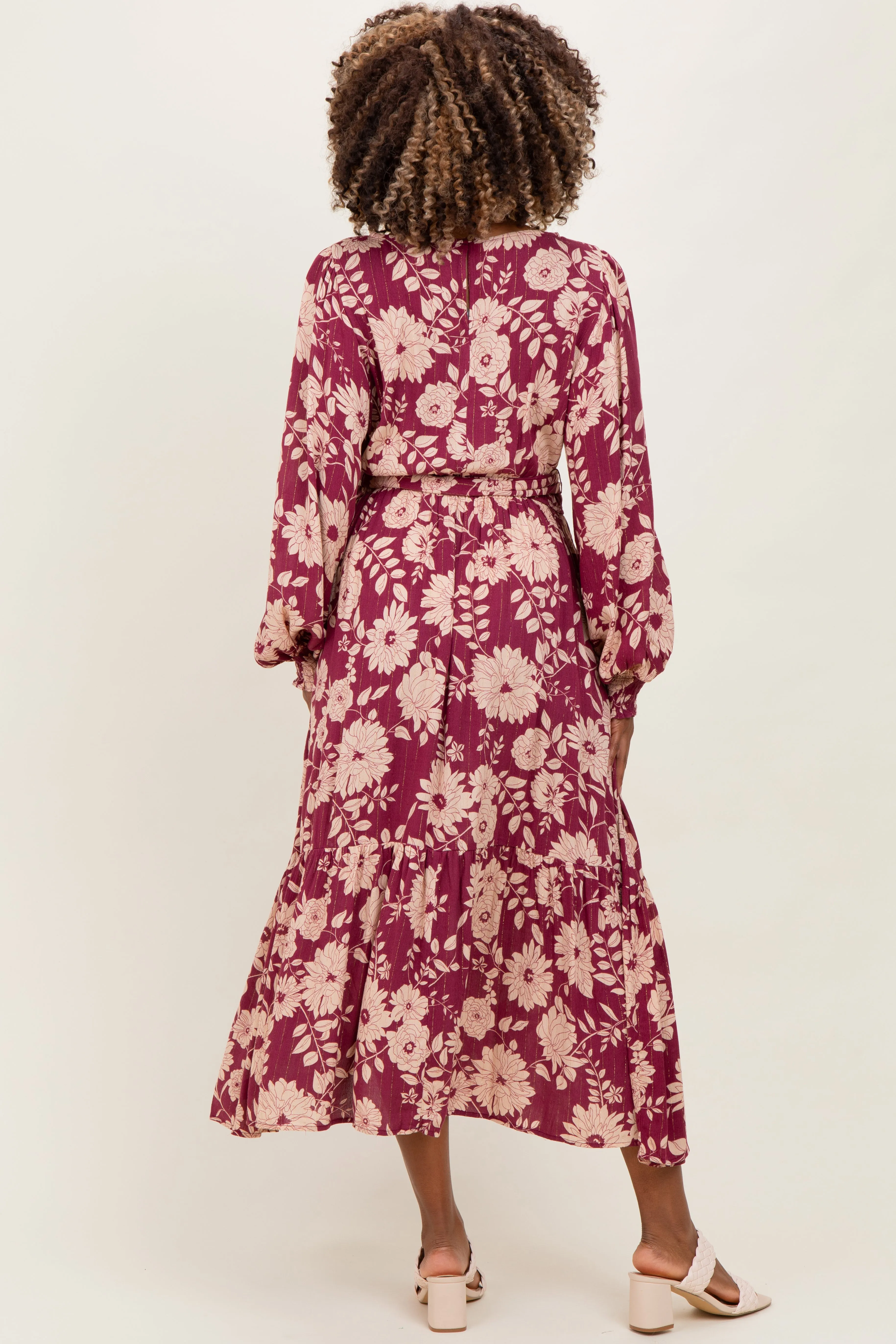 Burgundy Floral Striped Long Sleeve Maternity Midi Dress sold by Pinkblush product image thumbnail 4