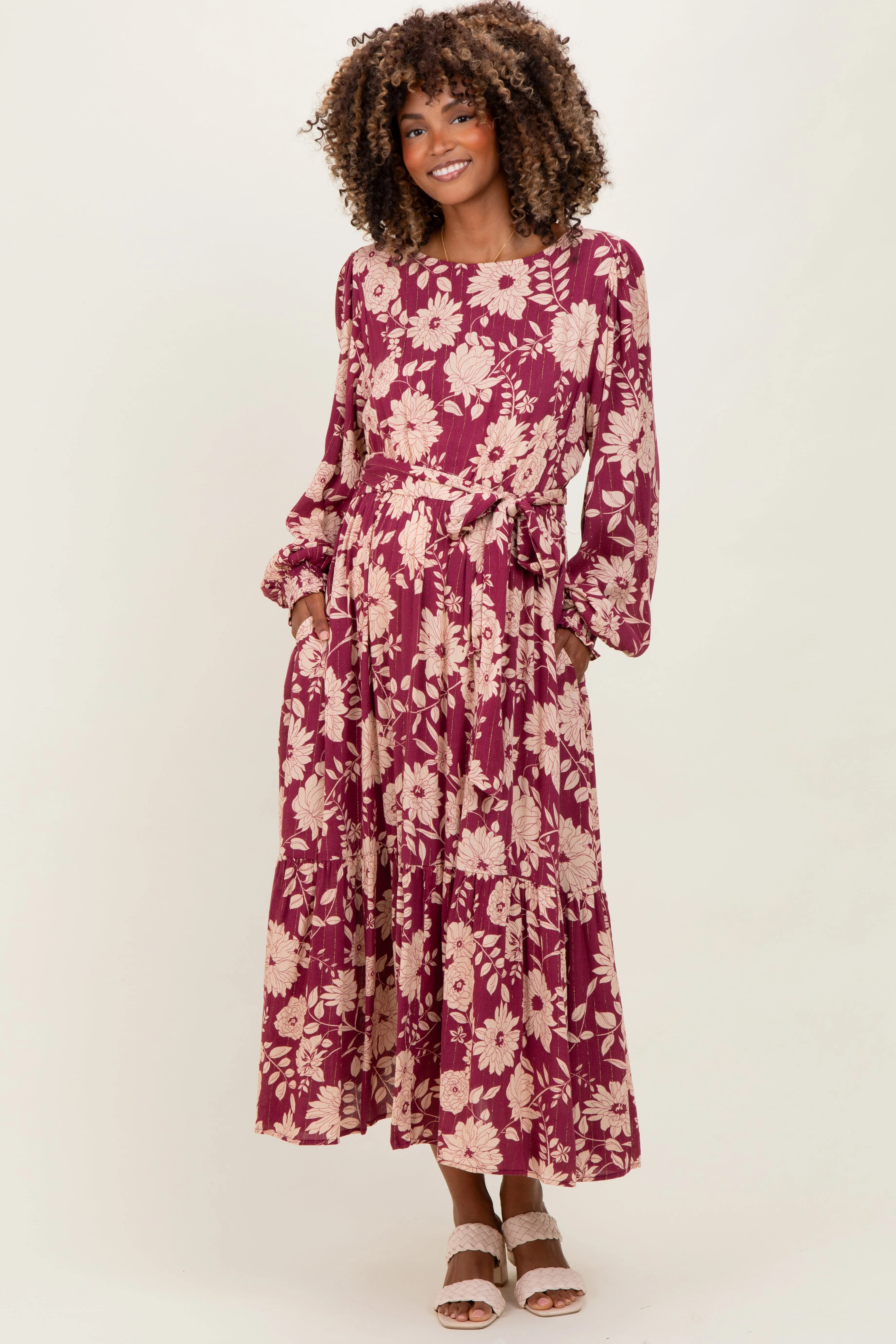 Burgundy Floral Striped Long Sleeve Maternity Midi Dress sold by Pinkblush