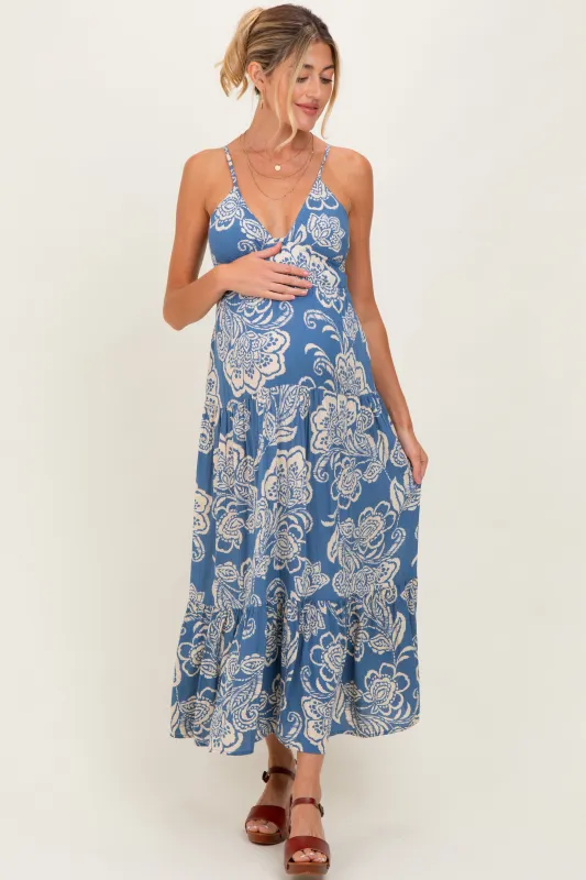 Blue Floral Cutout Tie Back Maternity Midi Dress sold by Pinkblush