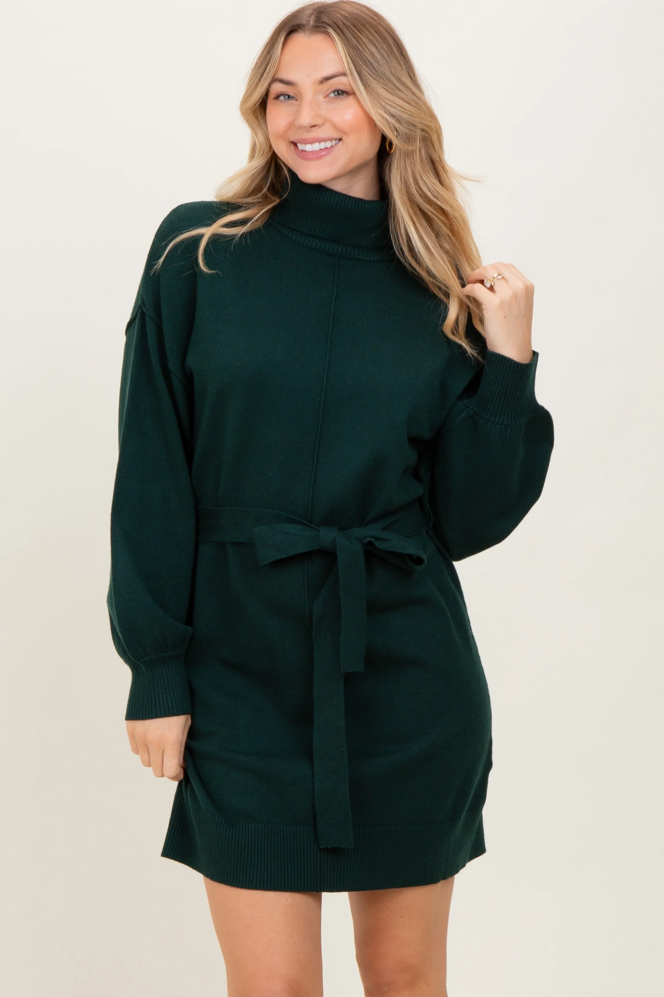 Forest Green Turtleneck Belted Mini Sweater Dress sold by Pinkblush product image thumbnail 2