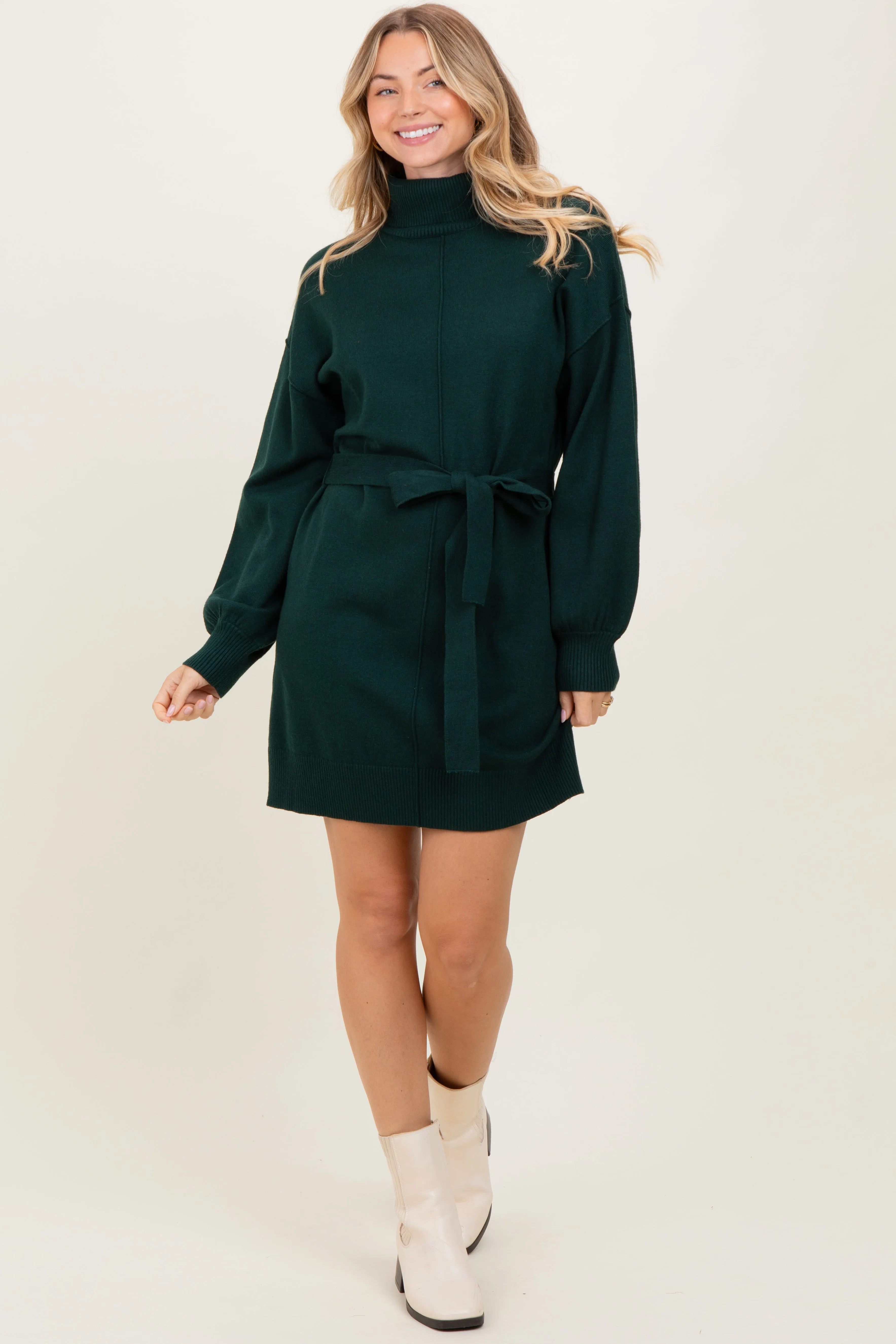 Forest Green Turtleneck Belted Mini Sweater Dress sold by Pinkblush
