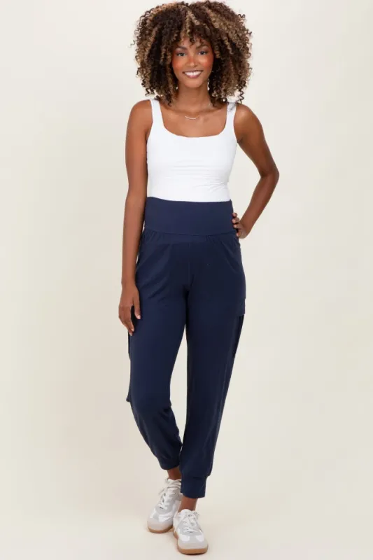 Navy Cargo Pocket Maternity Jogger Pants sold by Pinkblush