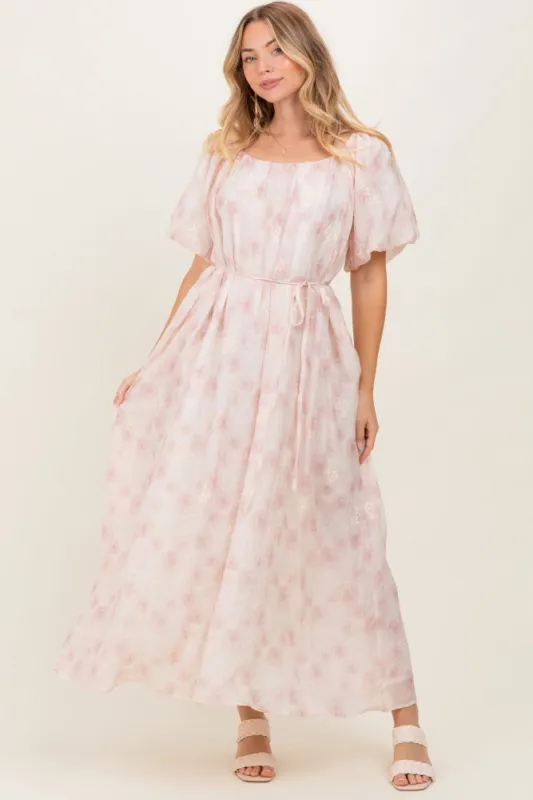 Ivory Floral Embroidered Puffed Sleeve Midi Dress sold by Pinkblush