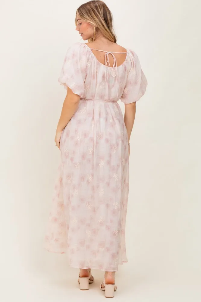 Ivory Floral Embroidered Puffed Sleeve Midi Dress sold by Pinkblush product image thumbnail 3