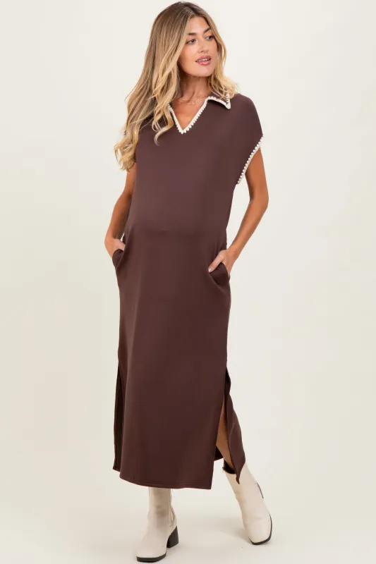 Brown Collared Stitch Detail Short Sleeve Maternity Midi Dress sold by Pinkblush