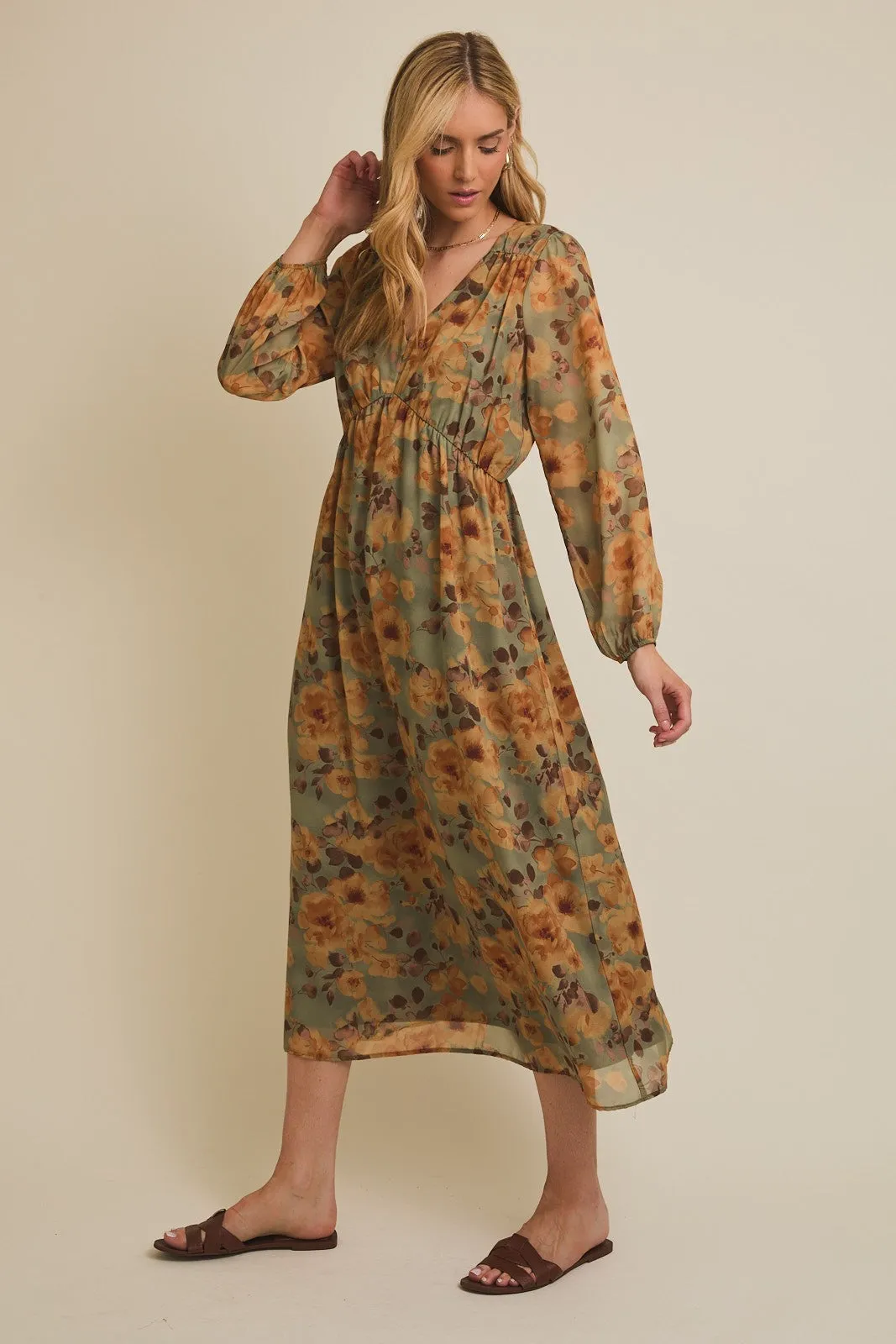 Light Olive Floral V-Neck Long Sleeve Midi Dress sold by Pinkblush product image thumbnail 3