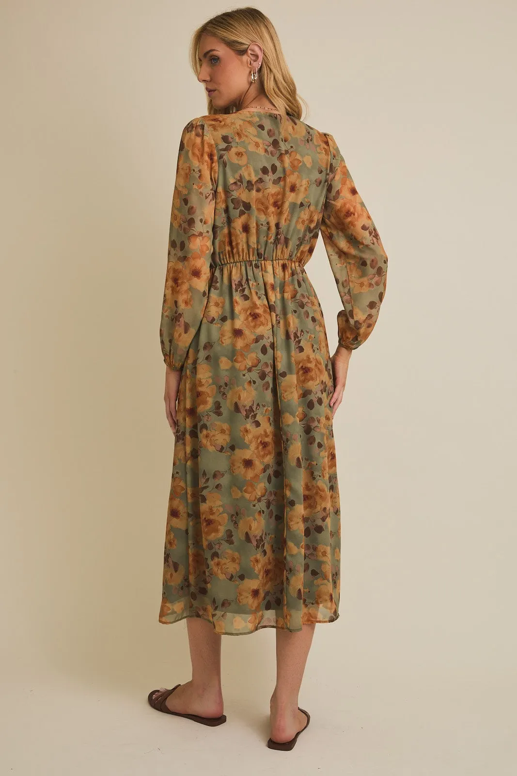 Light Olive Floral V-Neck Long Sleeve Midi Dress sold by Pinkblush product image thumbnail 4