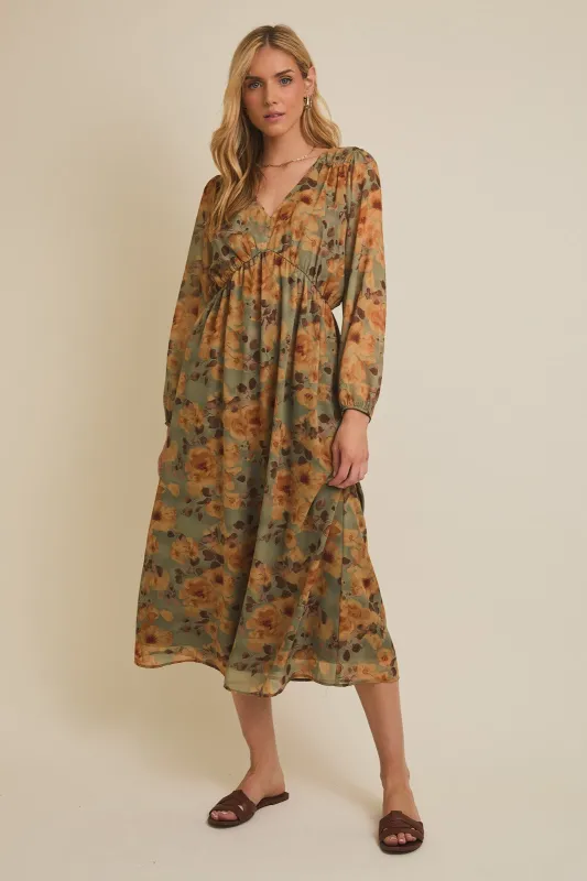 Light Olive Floral V-Neck Long Sleeve Midi Dress sold by Pinkblush