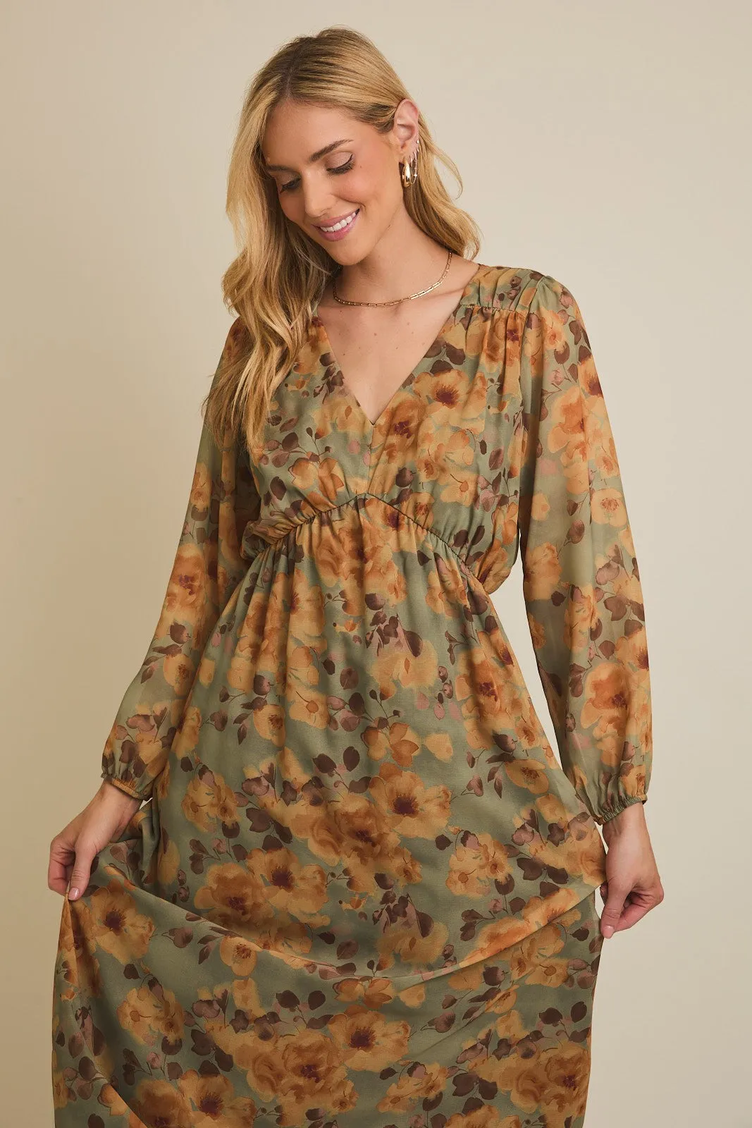 Light Olive Floral V-Neck Long Sleeve Midi Dress sold by Pinkblush product image thumbnail 5