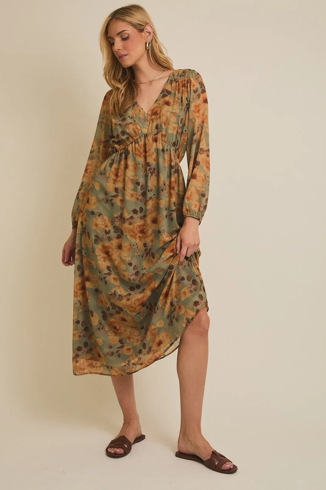 Light Olive Floral V-Neck Long Sleeve Midi Dress sold by Pinkblush product image thumbnail 2