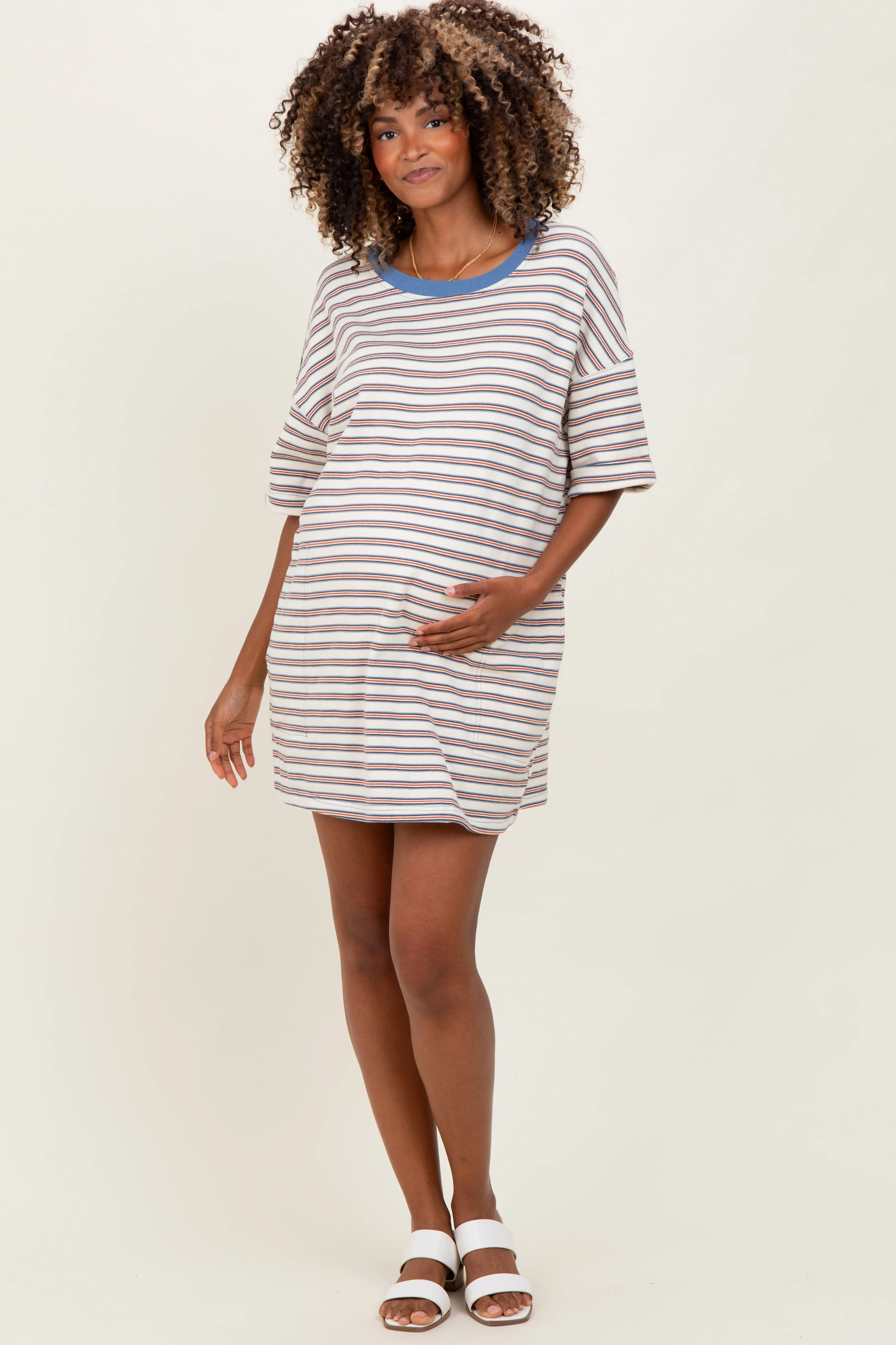 Cream Stripe Knit Short Sleeve Maternity T-Shirt Dress sold by Pinkblush product image thumbnail 2