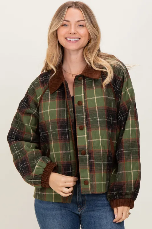Olive Plaid Quilted Corduroy Contrast Jacket sold by Pinkblush