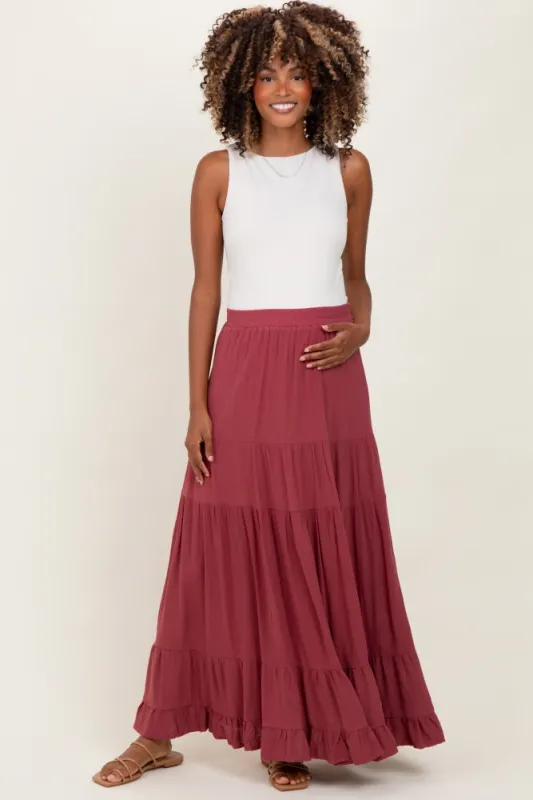 Mauve Tiered Ruffle Hem Maternity Maxi Skirt sold by Pinkblush