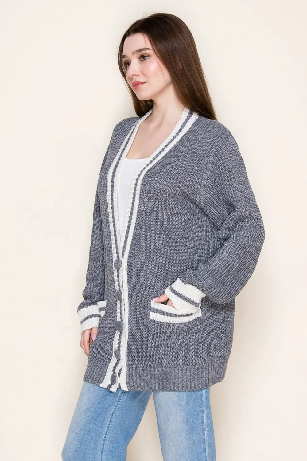 Grey Oversized Contrast Stripe Button Cardigan sold by Pinkblush product image thumbnail 2