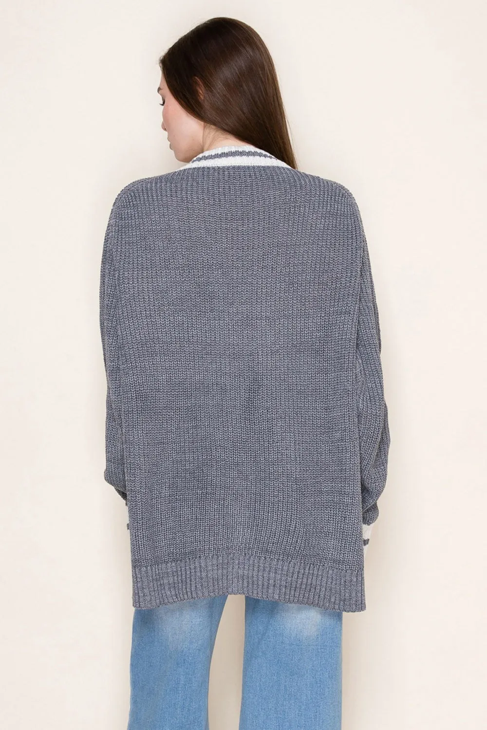 Grey Oversized Contrast Stripe Button Cardigan sold by Pinkblush product image thumbnail 3