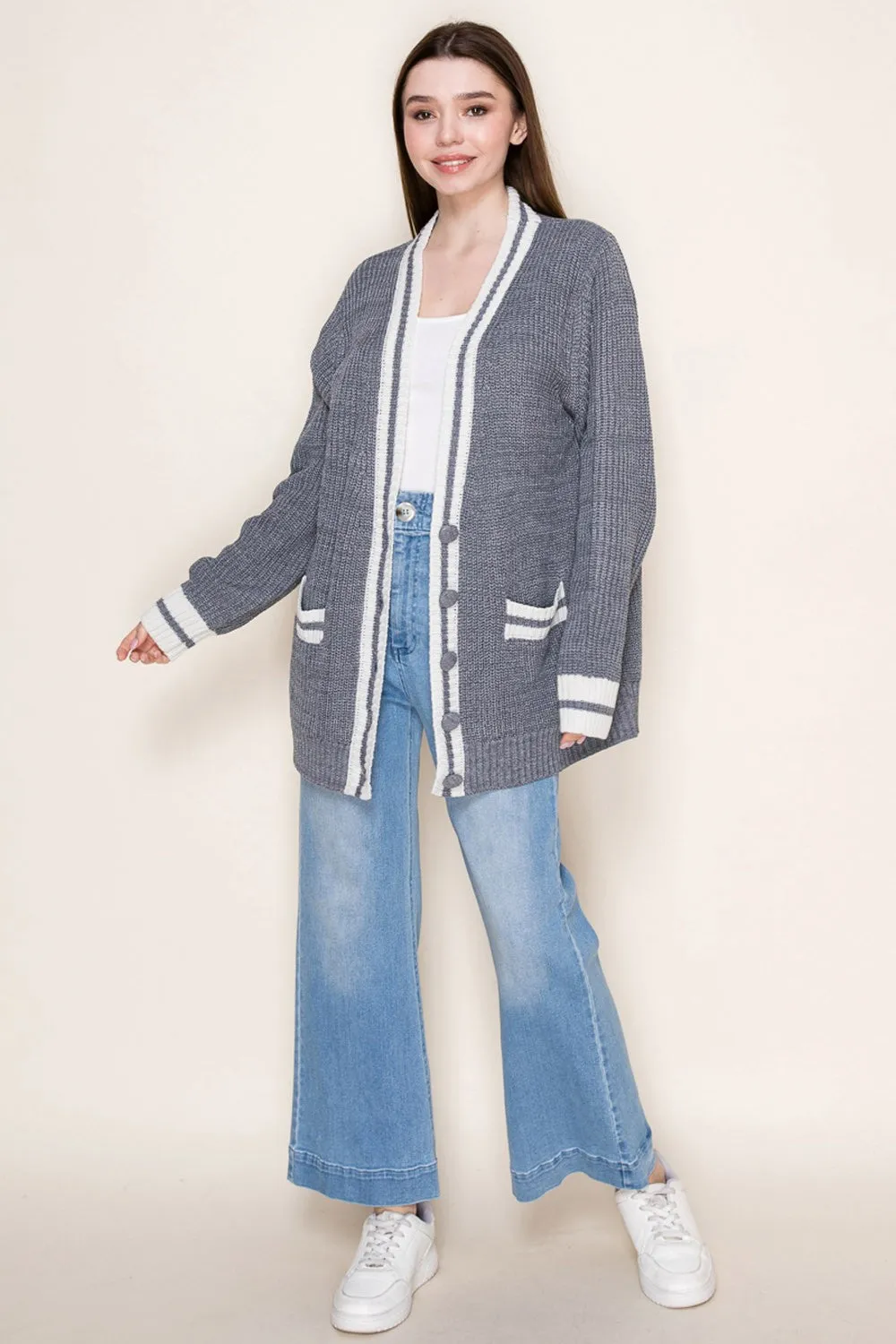 Grey Oversized Contrast Stripe Button Cardigan sold by Pinkblush product image thumbnail 4