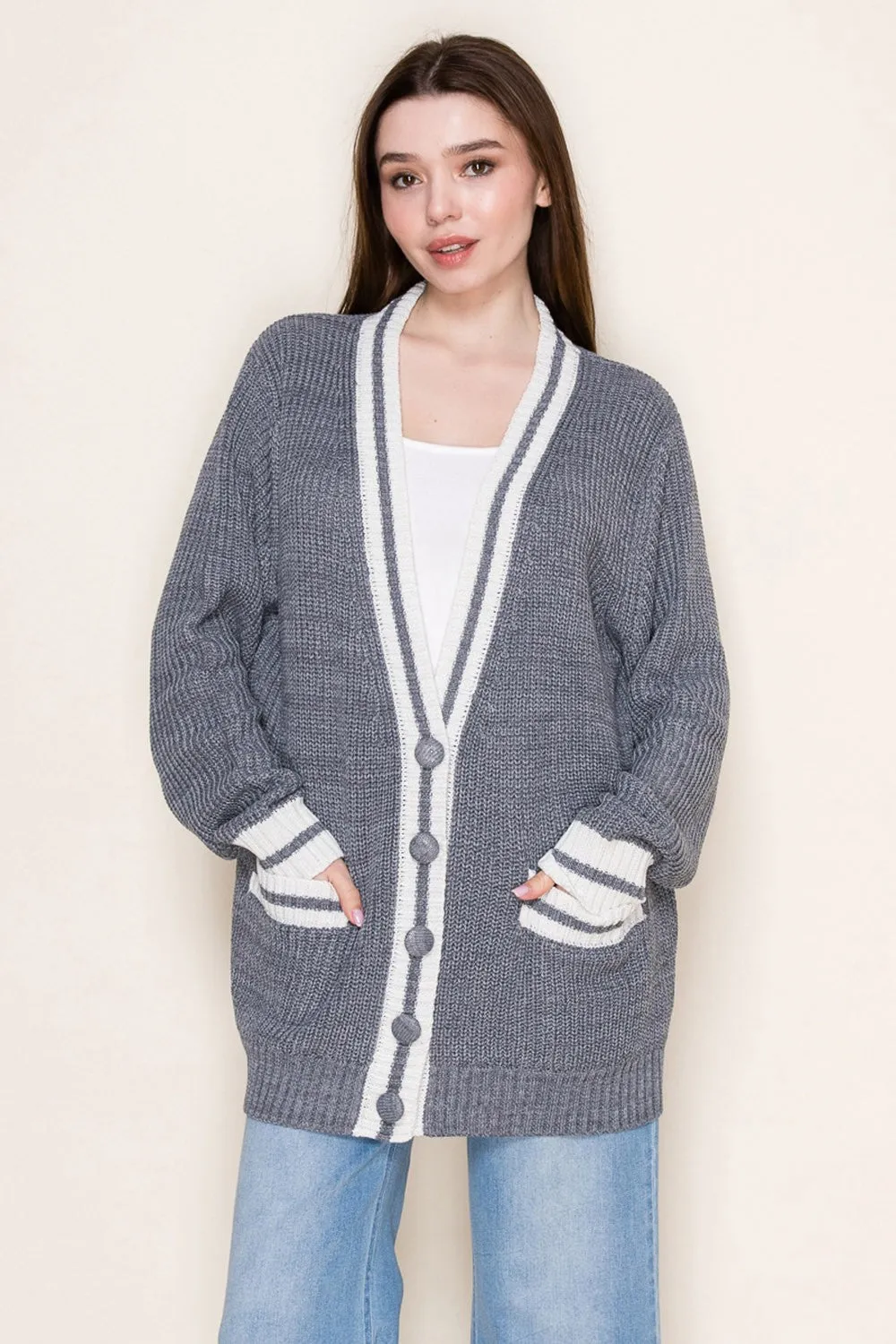 Grey Oversized Contrast Stripe Button Cardigan sold by Pinkblush