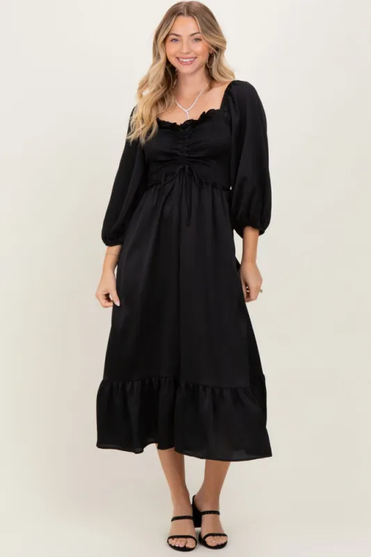 Black Satin Smocked Cinched Bust Midi Dress sold by Pinkblush