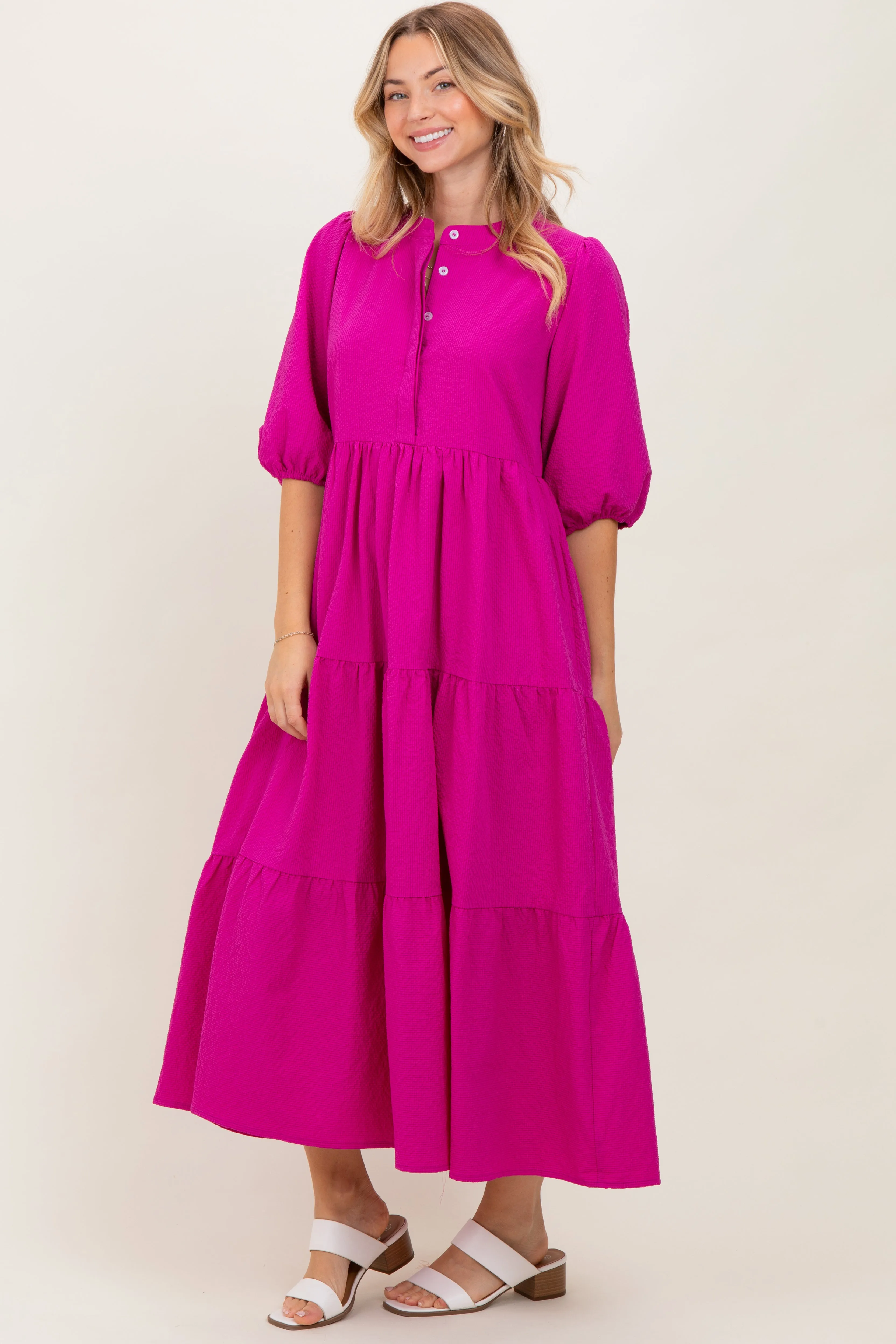 Fuchsia Textured Tiered Puff Sleeve Midi Dress sold by Pinkblush product image thumbnail 2