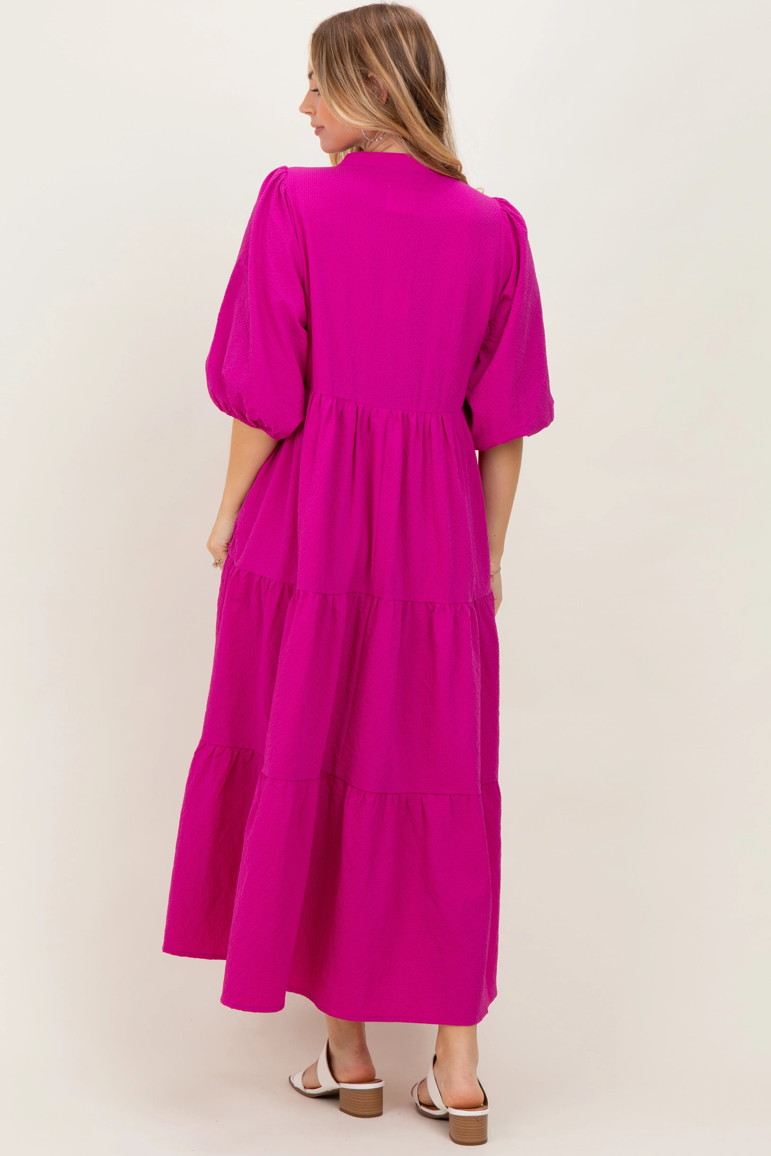 Fuchsia Textured Tiered Puff Sleeve Midi Dress sold by Pinkblush product image thumbnail 3