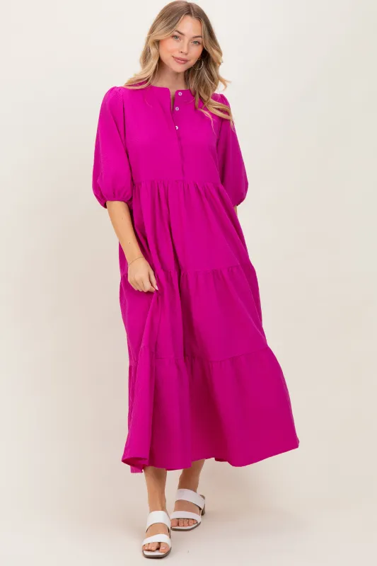 Fuchsia Textured Tiered Puff Sleeve Midi Dress sold by Pinkblush