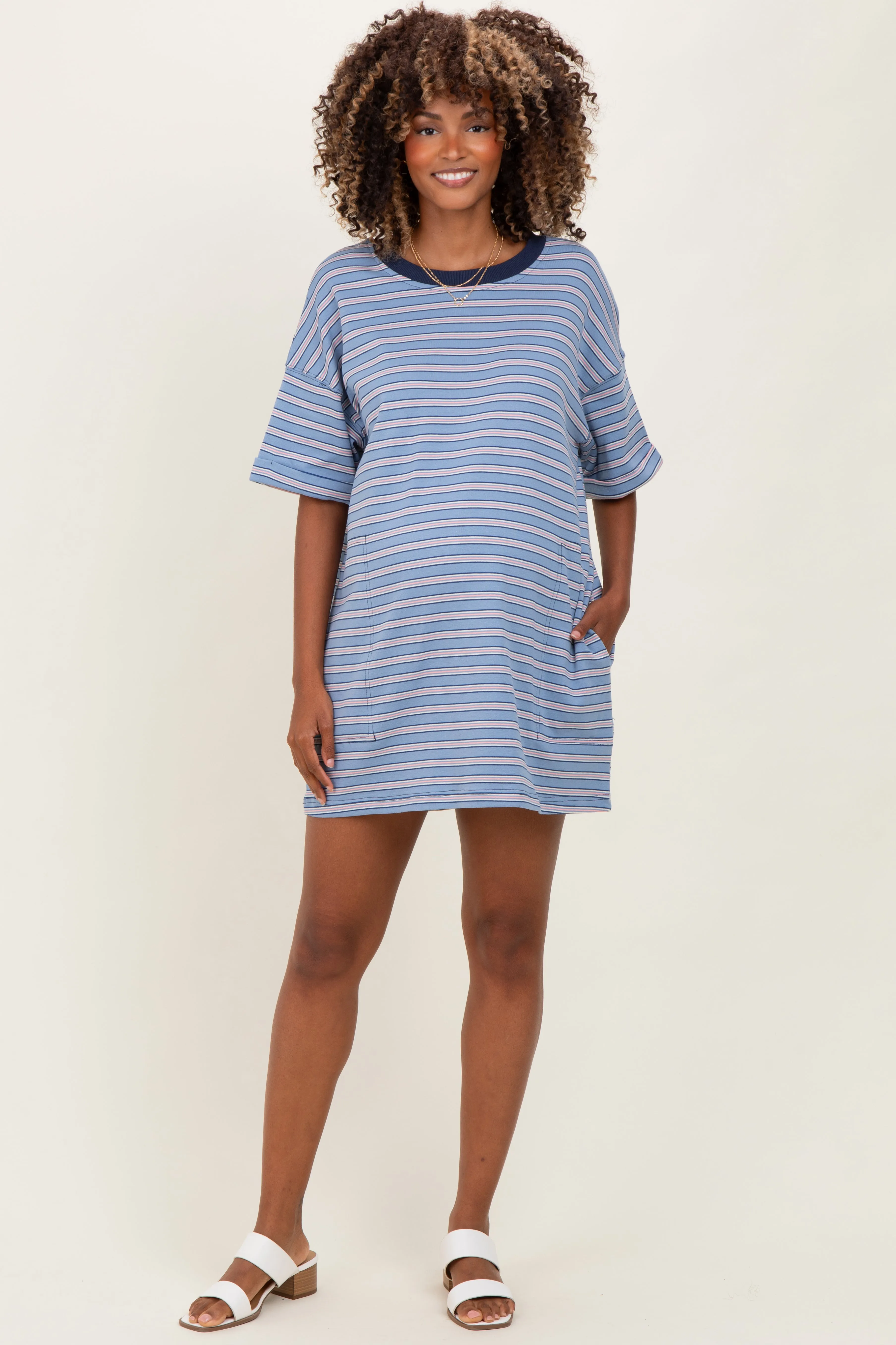 Blue Stripe Knit Short Sleeve Maternity T-Shirt Dress sold by Pinkblush product image thumbnail 2