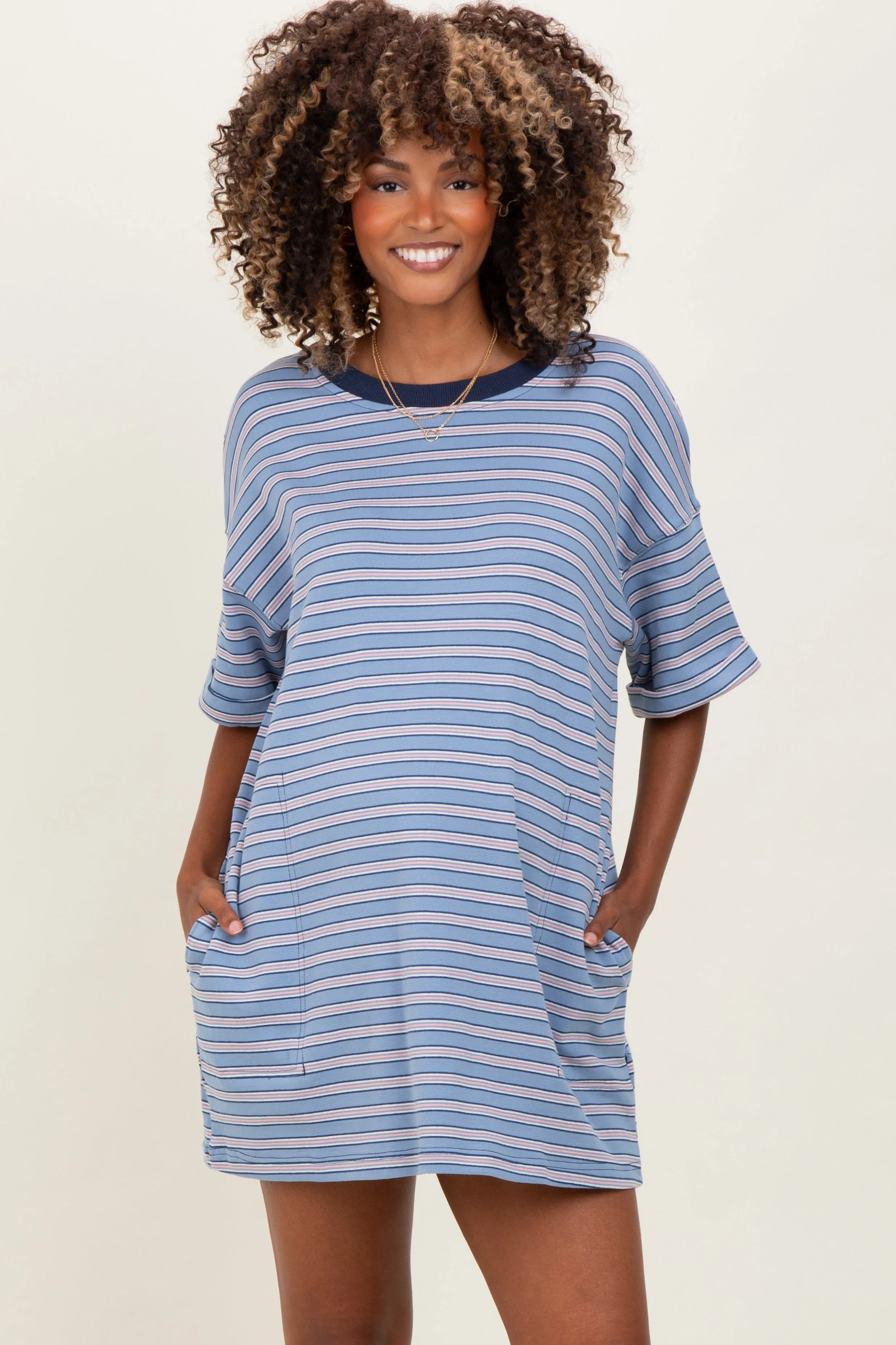 Blue Stripe Knit Short Sleeve Maternity T-Shirt Dress sold by Pinkblush