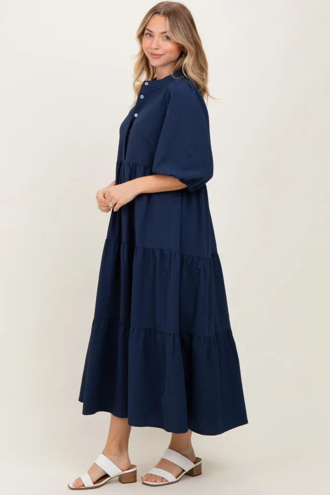 Navy Textured Tiered Puff Sleeve Midi Dress sold by Pinkblush product image thumbnail 2
