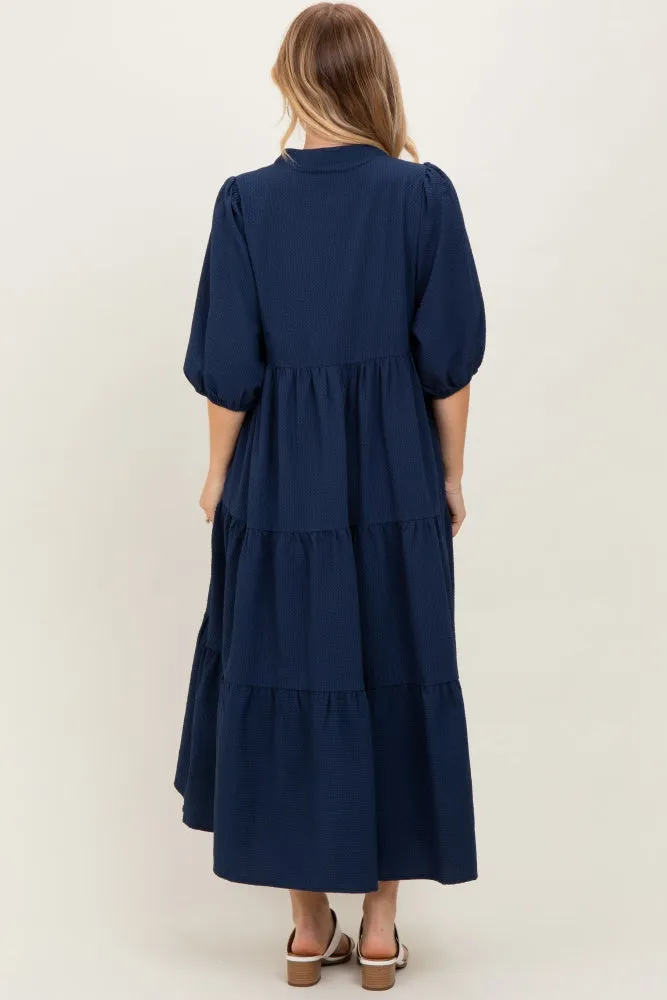 Navy Textured Tiered Puff Sleeve Midi Dress sold by Pinkblush product image thumbnail 3