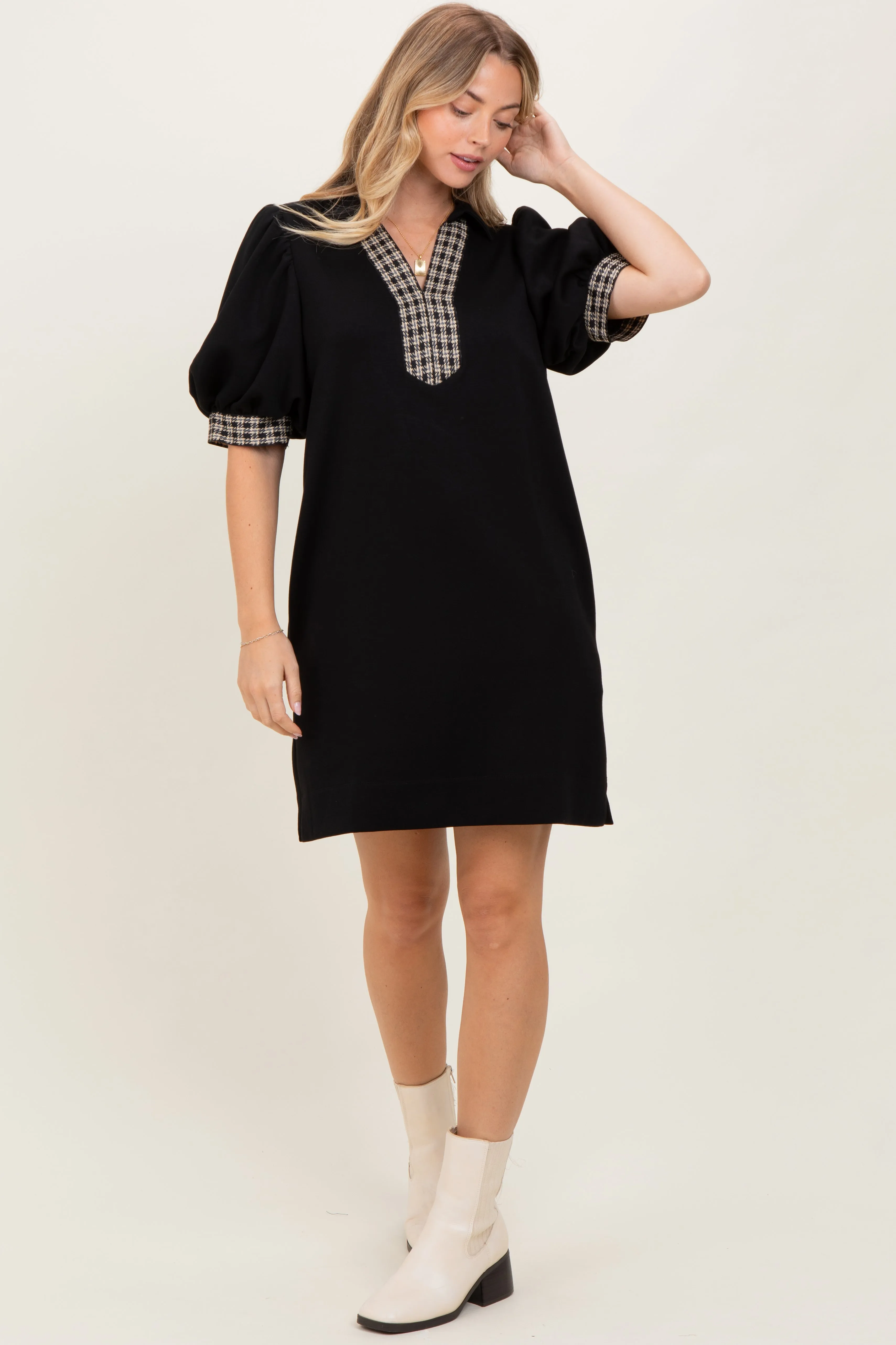 Black Plaid Accent Puff Sleeve Mini Dress sold by Pinkblush product image thumbnail 2