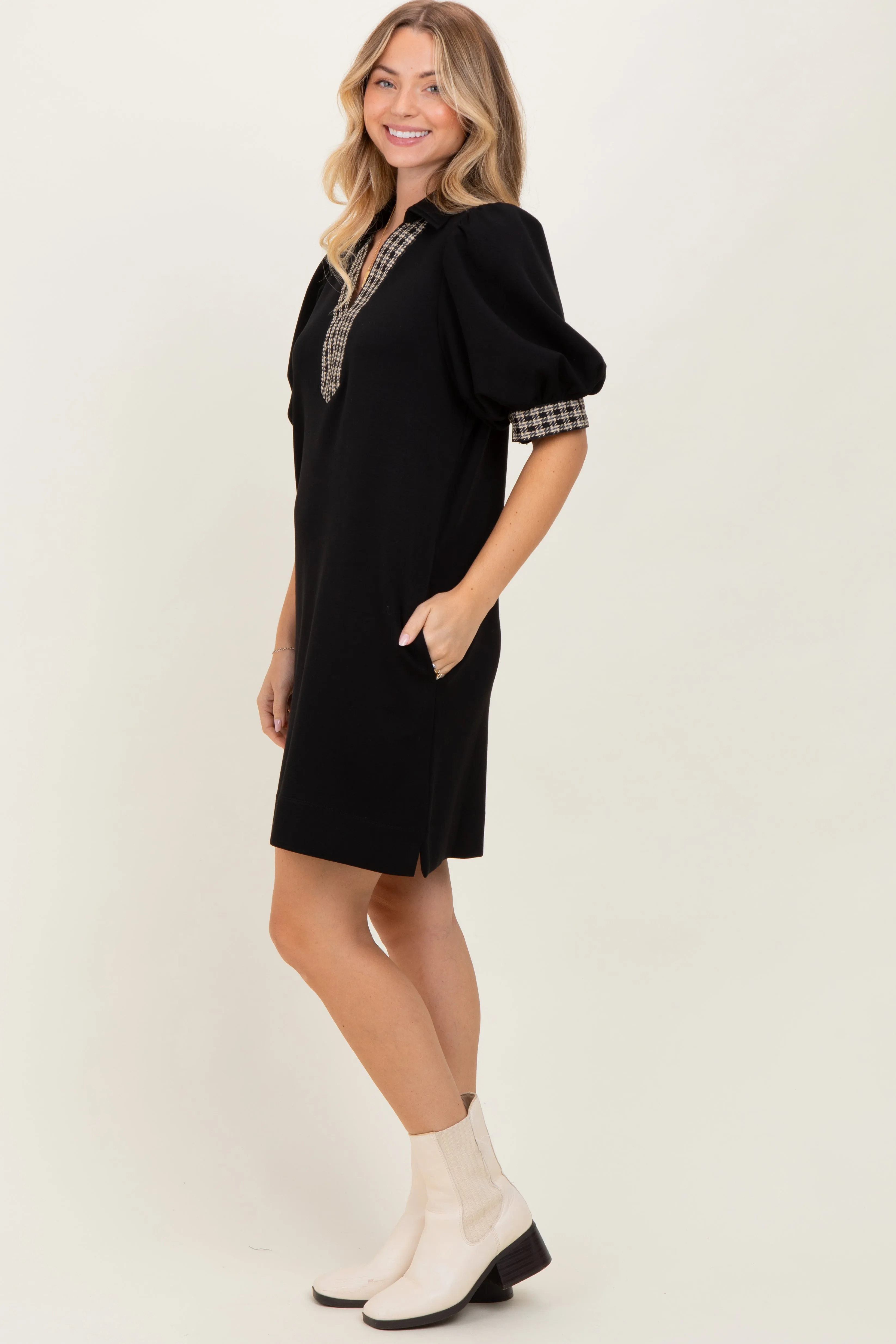 Black Plaid Accent Puff Sleeve Mini Dress sold by Pinkblush product image thumbnail 3