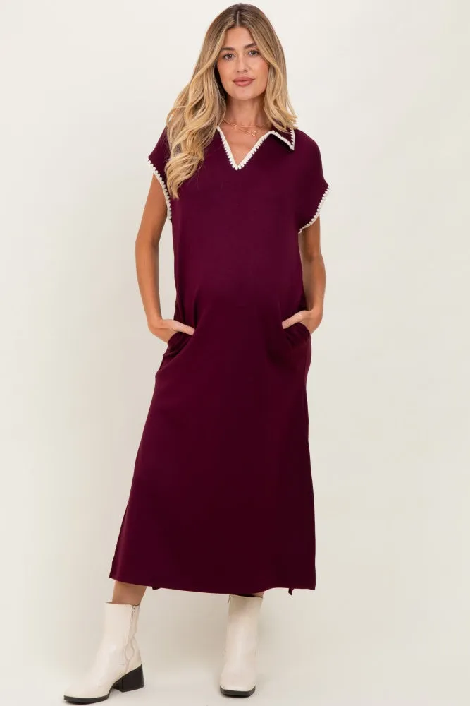 Burgundy Collared Stitch Detail Short Sleeve Maternity Midi Dress sold by Pinkblush product image thumbnail 2