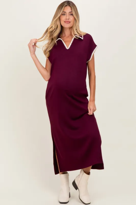 Burgundy Collared Stitch Detail Short Sleeve Maternity Midi Dress sold by Pinkblush